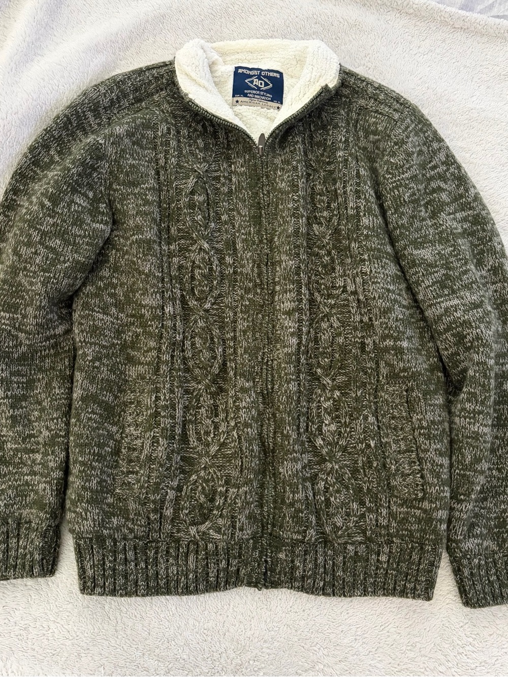 Amongst Others Olive Marled Cable-Knit Full-Zip Sweater with Sherpa Collar